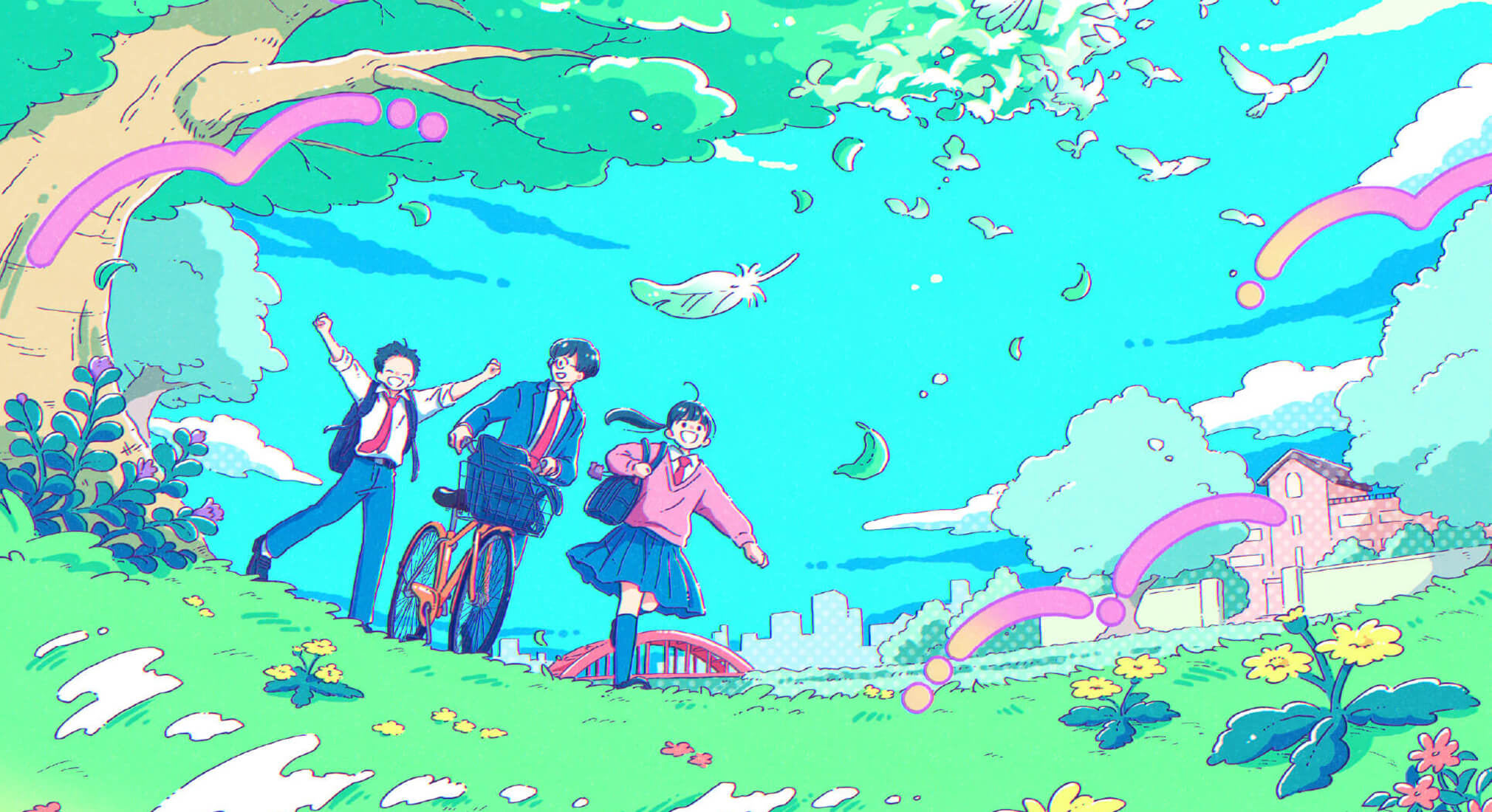 自転車を押しながら草原を駆ける3人の高校生のイラスト